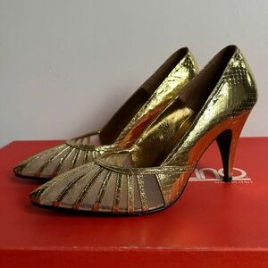 Gold snakeskin textured heels